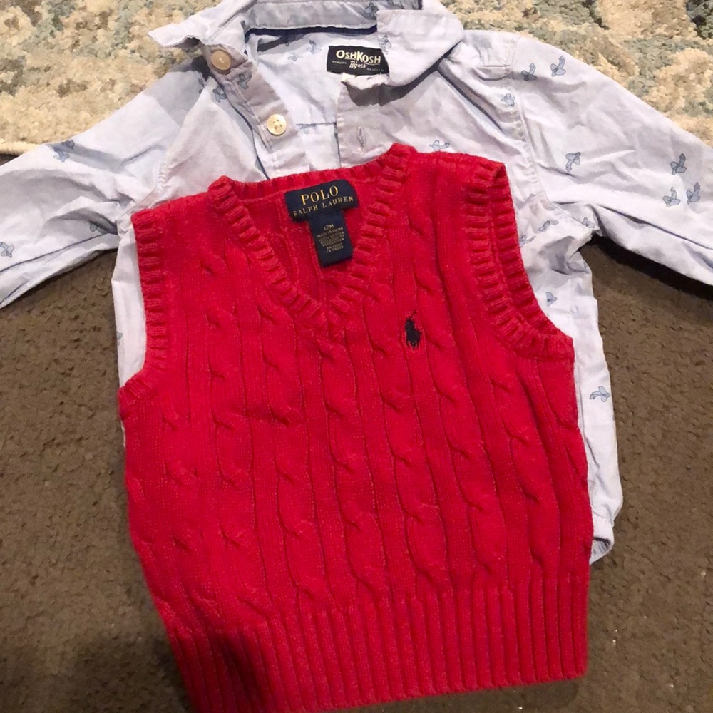 Polo sweater vest & Oshkosh onesie button down